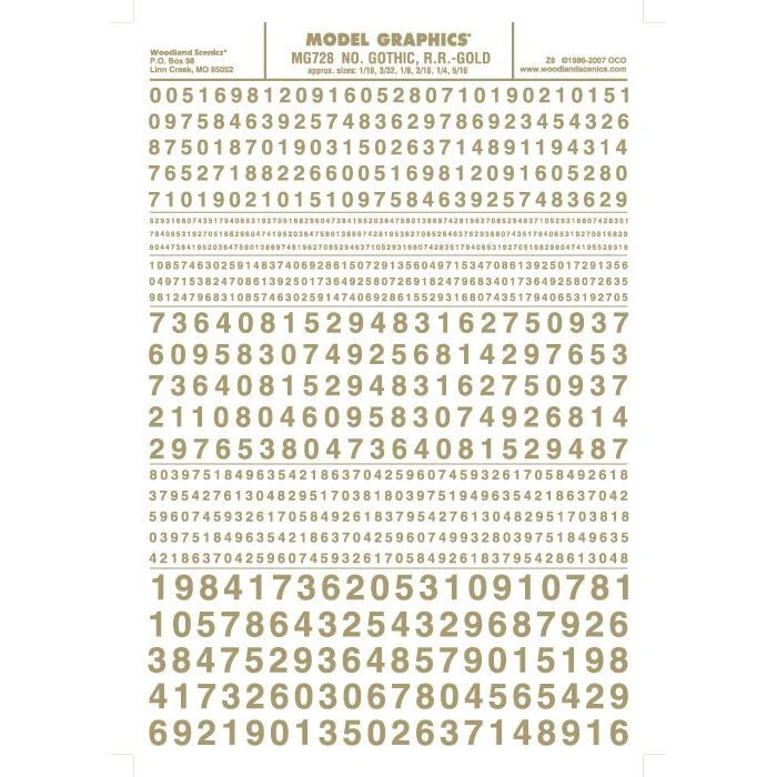 Woodland Scenics MG728 Gothic R.R. Numbers Gold 1/16-5/16"Train Decal Sheet 3 Woodland Scenics MG728 Gothic R.R. Numbers Gold 1/16-5/16"Train Decal Sheet
